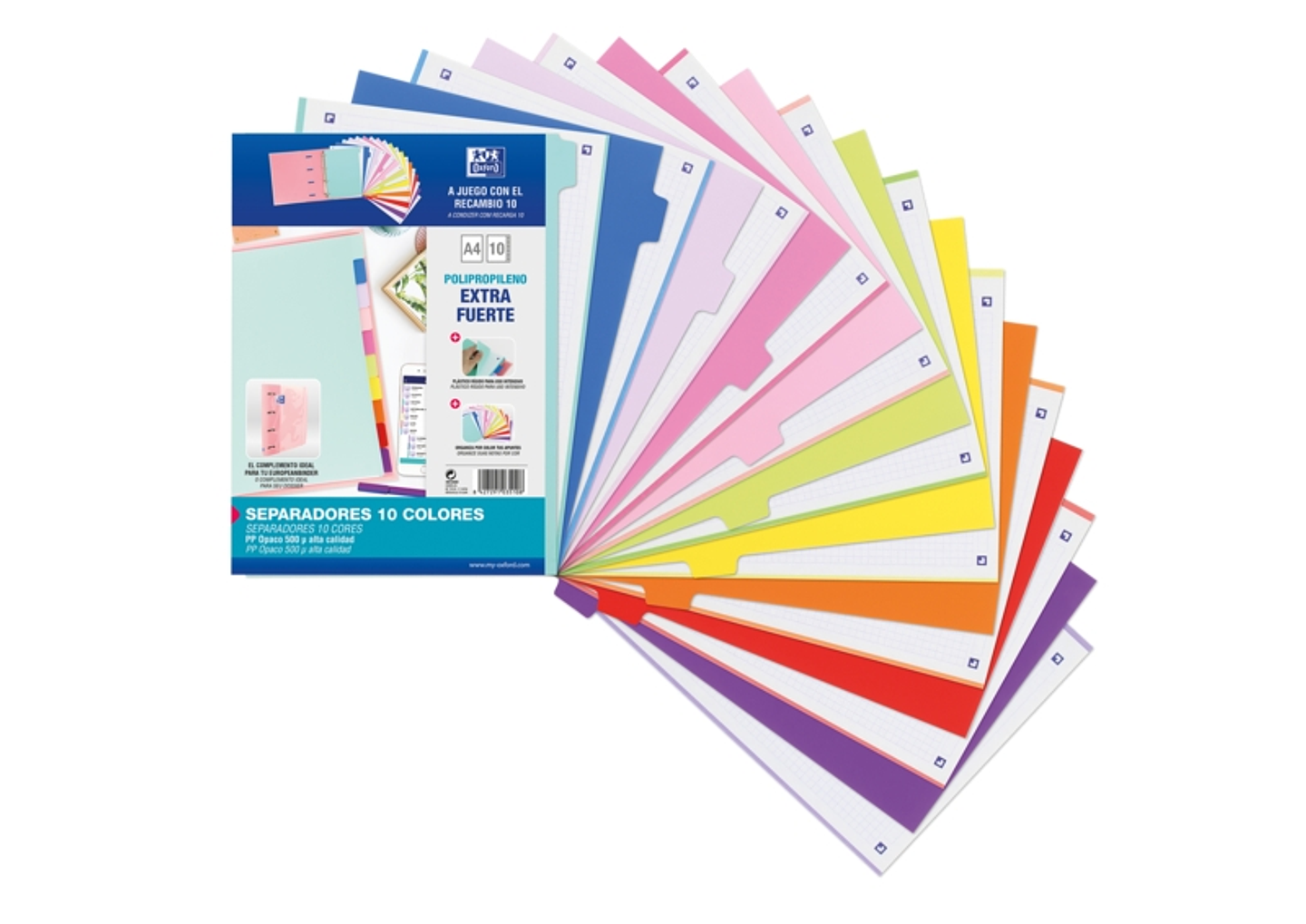 Oxford Strongline A4 Separadores - 10 Posiciones - Colores Diferentes - 4 Taladros - Plastico Opaco - 500 Micras 1