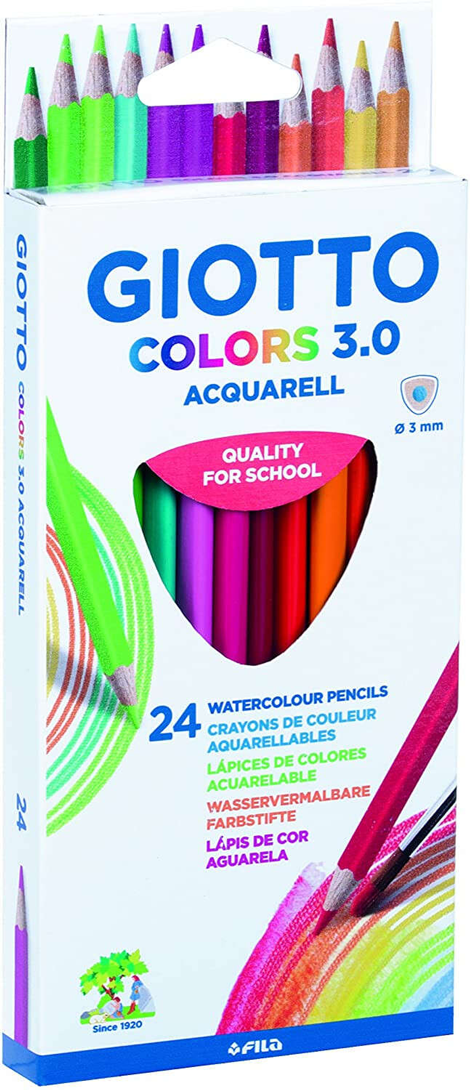 Giotto Colors Acquarell 3.0 Pack de 24 Lapices Triangulares de Colores Acuarelables - Mina 3 mm - Madera - Colores Surtidos 1