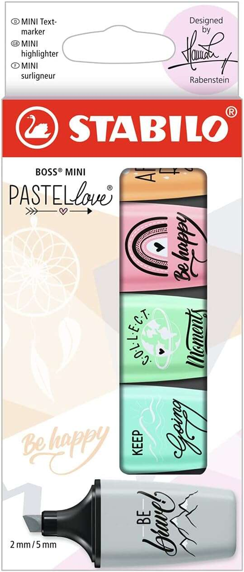 Stabilo Boss Mini Pastellove Pack de 5 Marcadores Fluorescentes - Trazo entre 2 y 5mm - Tinta con Base de Agua - Antisecado - Colores Rosa, Naranja, V 1
