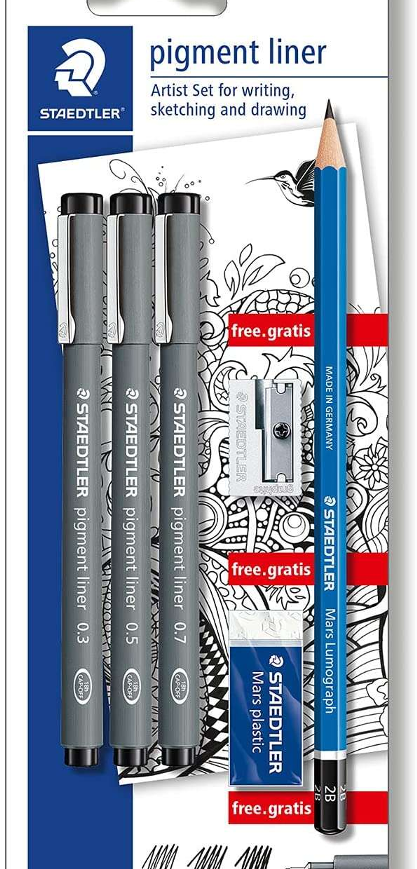 Staedtler Pigment Liner 308 Pack de 3 Rotuladores Calibrados Negros, Trazos Surtidos + 1 Goma de Borrar + 1 Sacapuntas + 1 Lapiz 2B - Color Negro 1