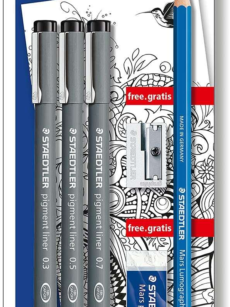 Staedtler Pigment Liner 308 Pack de 3 Rotuladores Calibrados Negros, Trazos Surtidos + 1 Goma de Borrar + 1 Sacapuntas + 1 Lapiz 2B - Color Negro 1