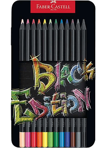 Faber-Castell Black Edition Caja Metalica de 12 Lapices de Colores - Mina Supersuave - Madera Negra - Ideales para Dibujo sobre Papel Claro, Oscuro y 