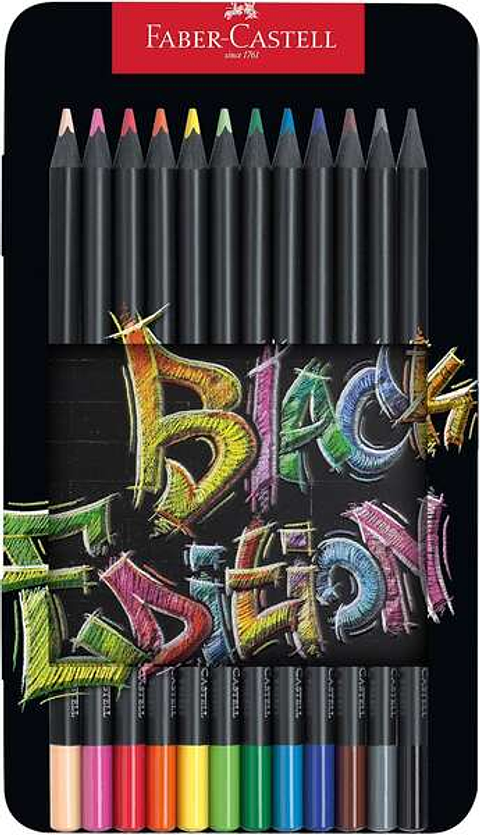 Faber-Castell Black Edition Caja Metalica de 12 Lapices de Colores - Mina Supersuave - Madera Negra - Ideales para Dibujo sobre Papel Claro, Oscuro y 