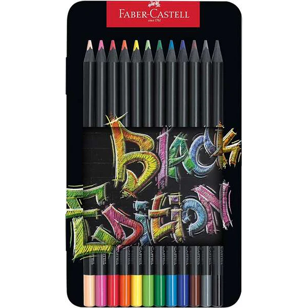Faber-Castell Black Edition Caja Metalica de 12 Lapices de Colores - Mina Supersuave - Madera Negra - Ideales para Dibujo sobre Papel Claro, Oscuro y 