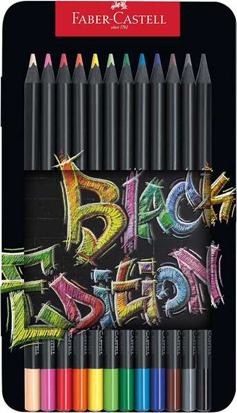 Faber-Castell Black Edition Caja Metalica de 12 Lapices de Colores - Mina Supersuave - Madera Negra - Ideales para Dibujo sobre Papel Claro, Oscuro y 