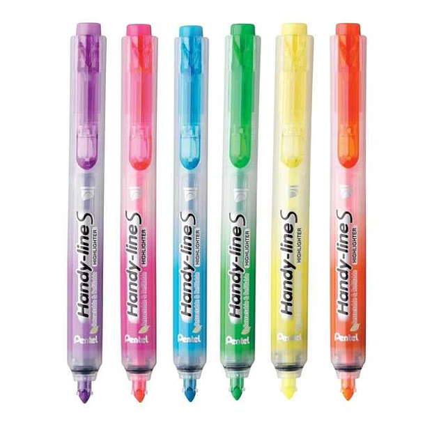 Pentel Handy Line S Pack de 6 Marcadores Fluorescentes Retractiles - Tinta Liquida - Trazo de 1.6 a 3mm - Formato Fino con Clip - Colores  Amarillo, N