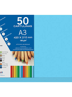 Dohe Pack de 50 Cartulinas A3 - Gramaje de 180g - Libres de Cloro - Colorantes Biodegradables - Color Azul Oceano