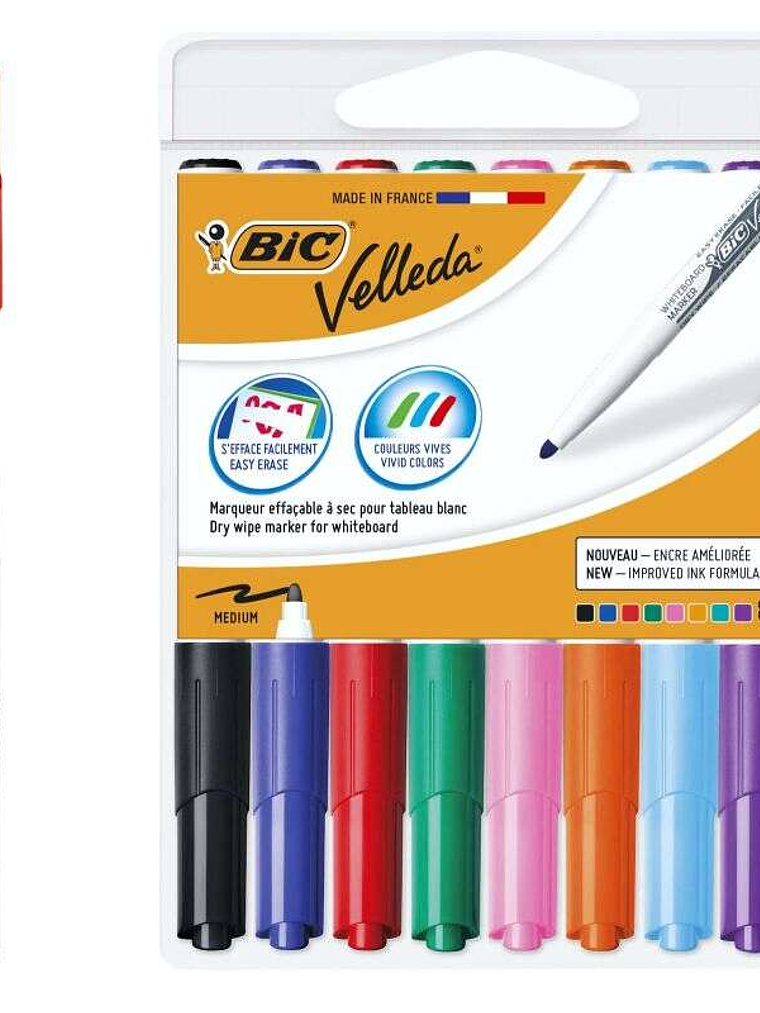 Bic Velleda 1741 Pack de 8 Rotuladores para Pizarra - Punta Media - Trazo de 1.4mm - Borrado Optimo - Colores Surtidos 1