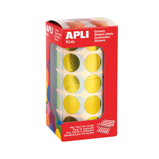 Apli Gomets Redondos Amarillo Metalizado Ø 20mm - 59 Hojas Pretroqueladas - 1770 Gomets por Rollo - Adhesivo Base Agua - Normas EN-71 y Cadena de Cust