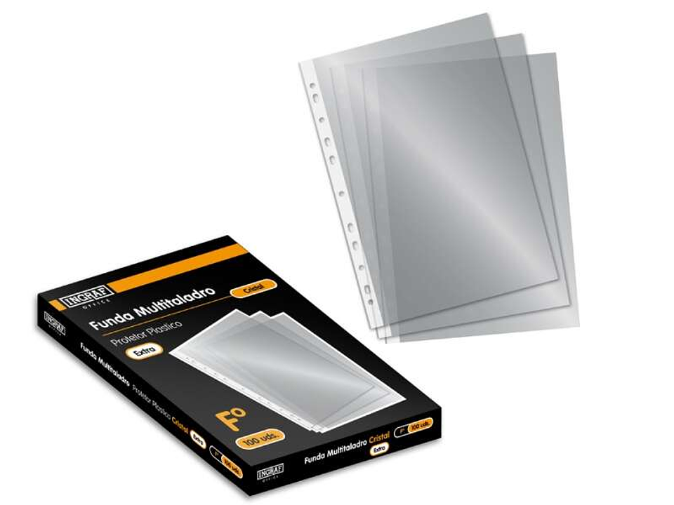Ingraf Pack de 100 Fundas Multitaladro Folio Transparentes - Acabado en Cristal 1