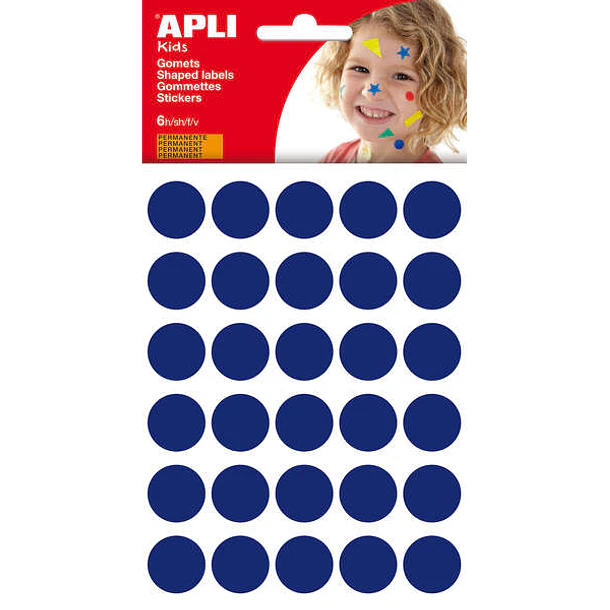 Apli Bolsa de 180 Gomets Redondos Ø 20mm - Adhesivo Permanente - Desarrollo de Habilidades y Creatividad - Ideal para Escuelas Infantiles - Color Azul