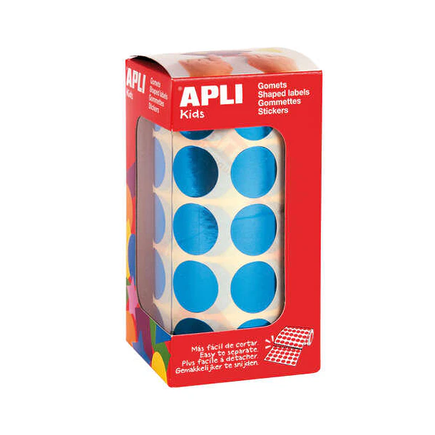 Apli Gomets Redondos Azul Metalizado Ø 20mm - 59 Hojas Pretroqueladas - 1770 Gomets por Rollo - Ideal para Escuelas y Talleres Infantiles - Cumple Nor