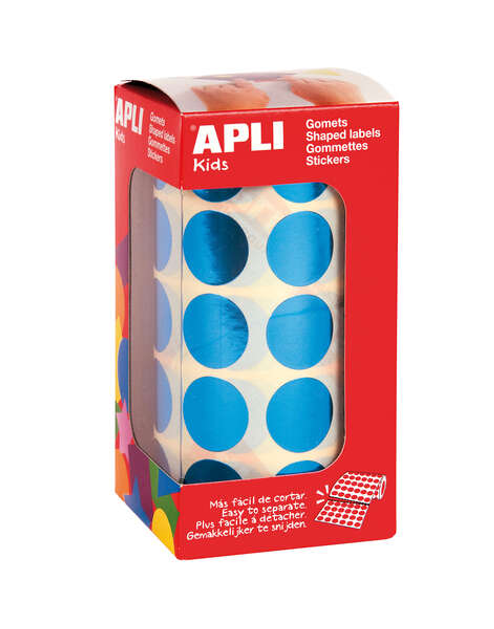 Apli Gomets Redondos Azul Metalizado Ø 20mm - 59 Hojas Pretroqueladas - 1770 Gomets por Rollo - Ideal para Escuelas y Talleres Infantiles - Cumple Nor 1