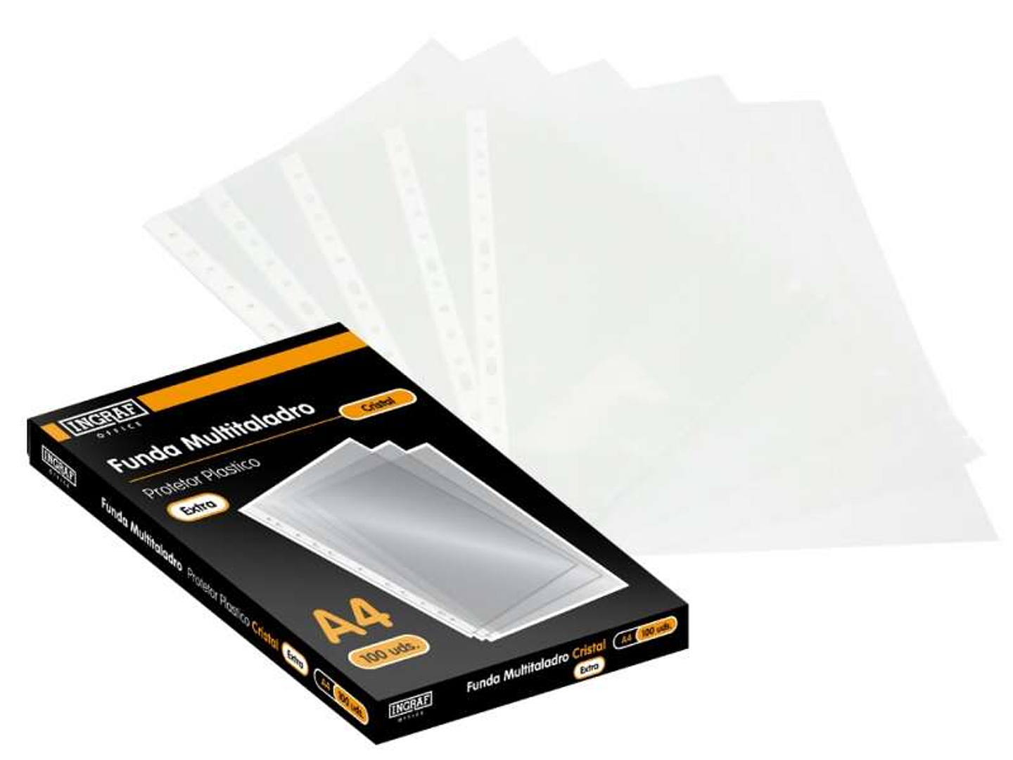 Ingraf Pack de 100 Fundas Multitaladro A4 Transparentes - Acabado en Cristal 1