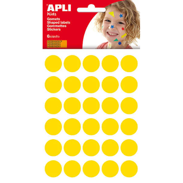 Apli Bolsa de 180 Gomets Redondos Ø 20mm - Adhesivo Permanente - Desarrollo de Habilidades y Creatividad - Ideal para Escuelas Infantiles - Color Amar