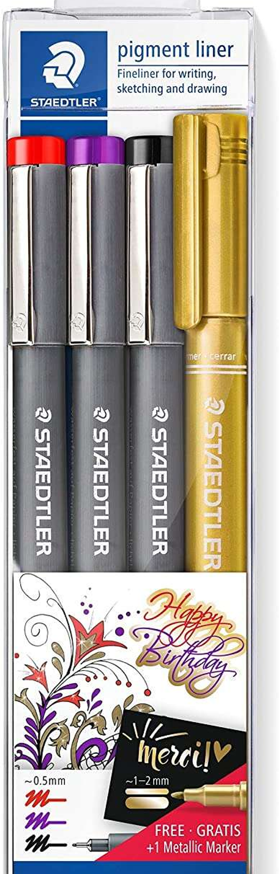 Staedtler Pigment Liner 308 Pack de 4 Rotuladores Calibrados - Trazo 0.5mm - Secado Rapido - Colores Surtidos 1