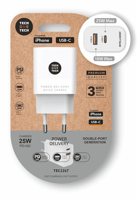 TechOneTech Cargador de Pared PD + QC 25W 1 Puerto USB-C 3A + 1 Puerto USB-A