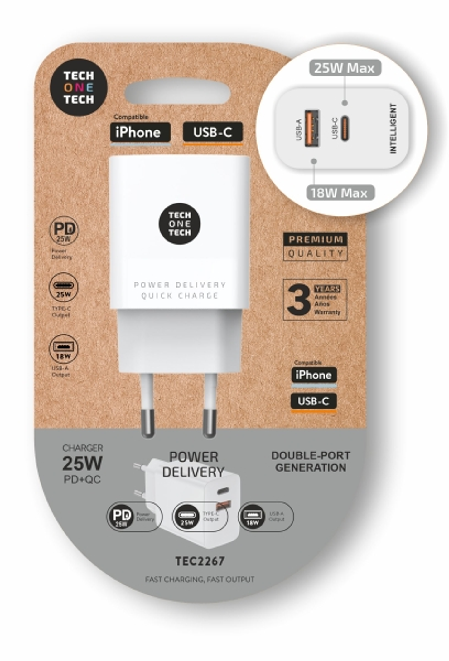TechOneTech Cargador de Pared PD + QC 25W 1 Puerto USB-C 3A + 1 Puerto USB-A 1