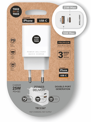 TechOneTech Cargador de Pared PD + QC 25W 1 Puerto USB-C 3A + 1 Puerto USB-A