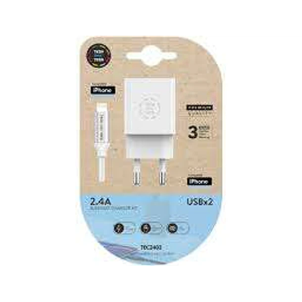 TechOneTech Cargador Doble de Pared + Cable USB-A a Lightning 1m - Recubierto de Nylon Trenzado