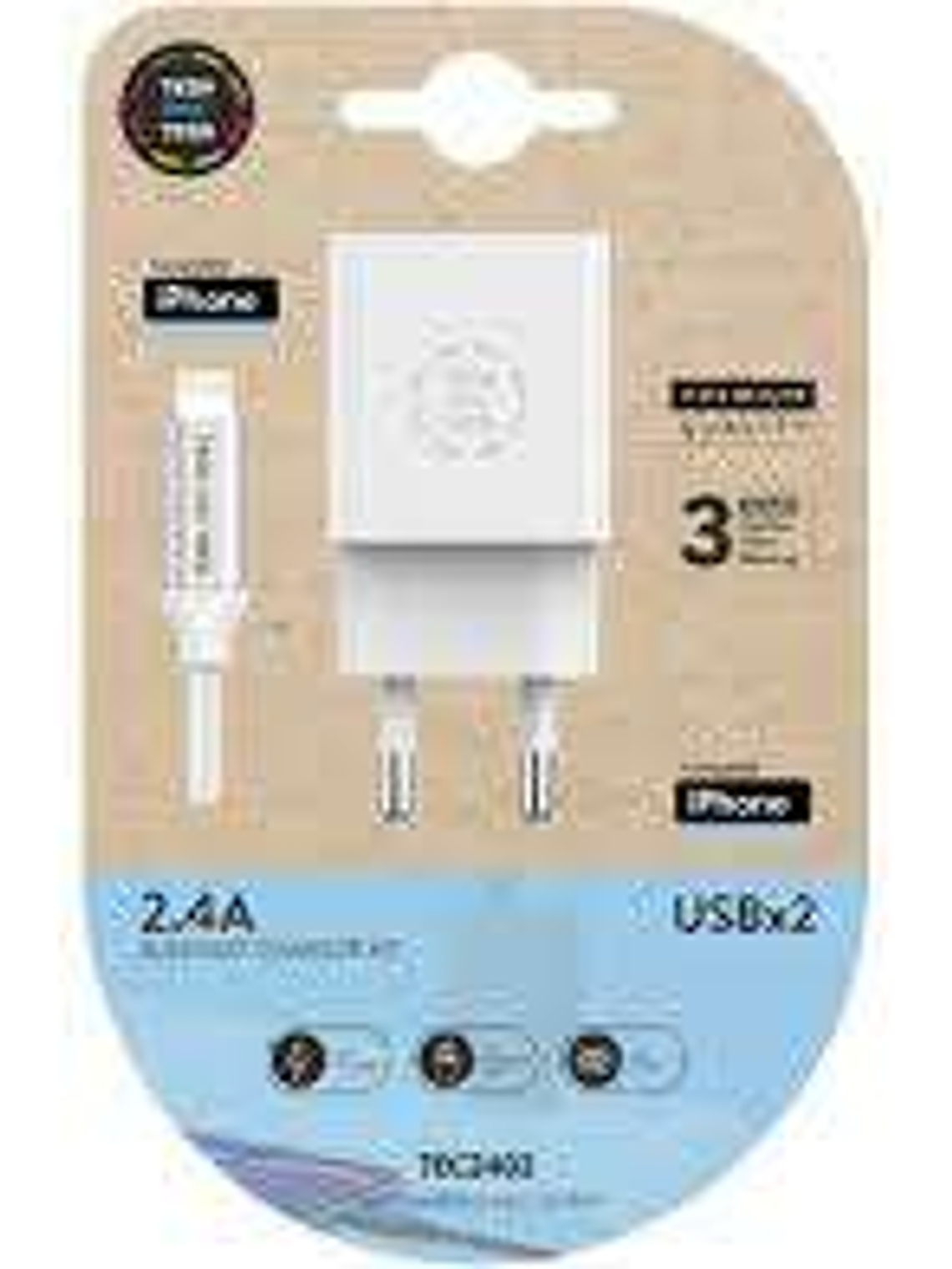 TechOneTech Cargador Doble de Pared + Cable USB-A a Lightning 1m - Recubierto de Nylon Trenzado 1