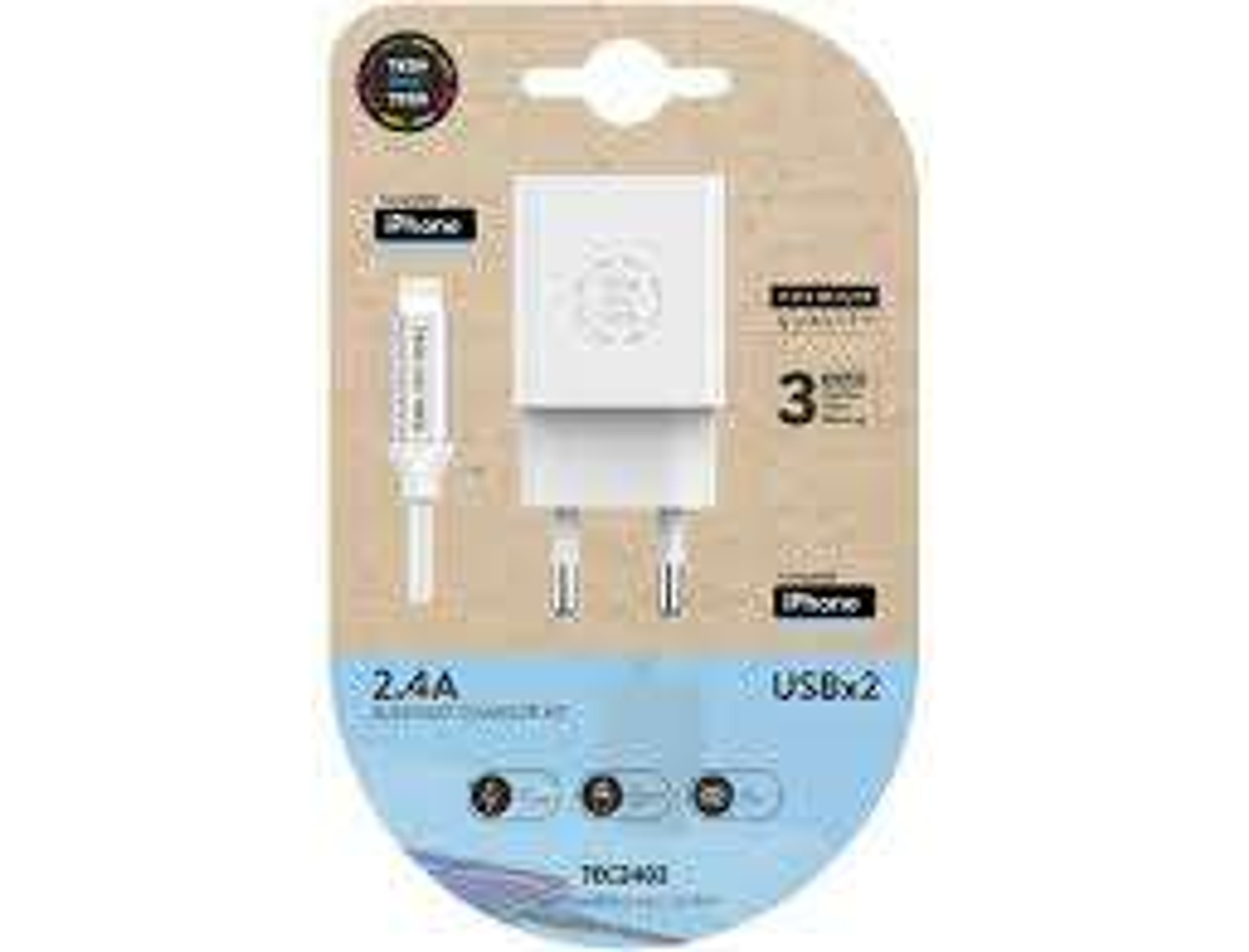 TechOneTech Cargador Doble de Pared + Cable USB-A a Lightning 1m - Recubierto de Nylon Trenzado 1