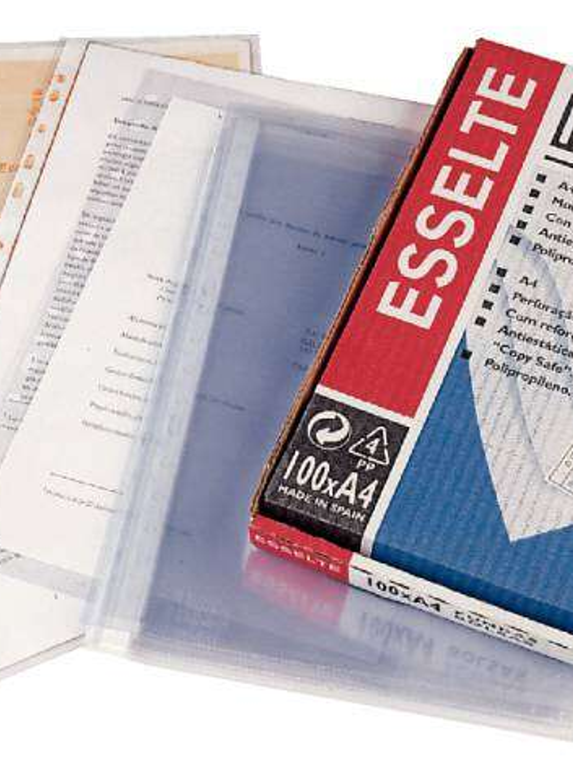 Esselte Pack de 100 Fundas Porta Documentos Multitaladro PP - Tamaño Folio - Tacto Piel de Naranja - Transparente 1