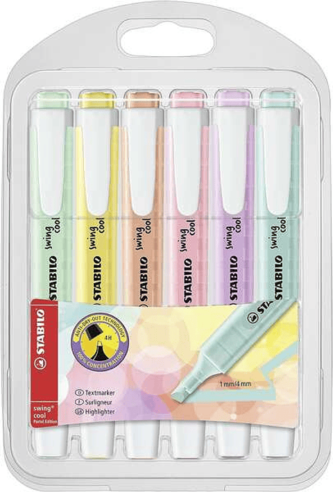Stabilo Swing Cool Pastel Pack de 6 Marcadores Fluorescentes - Cuerpo Plano - Punta Biselada - Trazo entre 1 y 4mm - Tinta con Base de Agua - Colores