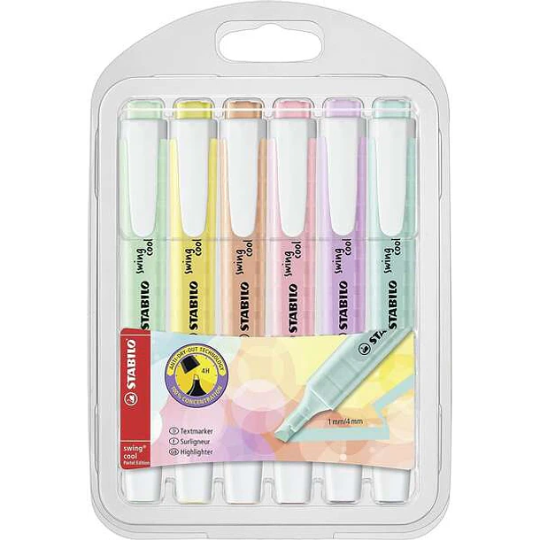 Stabilo Swing Cool Pastel Pack de 6 Marcadores Fluorescentes - Cuerpo Plano - Punta Biselada - Trazo entre 1 y 4mm - Tinta con Base de Agua - Colores