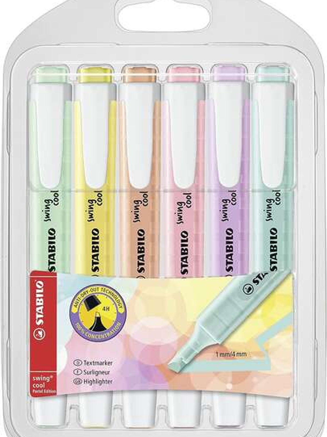Stabilo Swing Cool Pastel Pack de 6 Marcadores Fluorescentes - Cuerpo Plano - Punta Biselada - Trazo entre 1 y 4mm - Tinta con Base de Agua - Colores 1