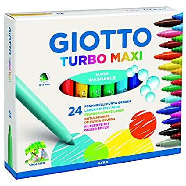 Giotto Turbo Maxi Pack de 24 Rotuladores - Punta Gruesa 5mm - Tinta al Agua - Lavable - Colores Surtidos