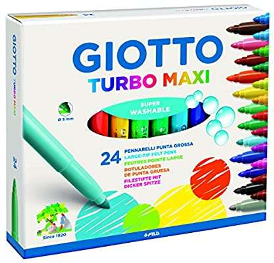 Giotto Turbo Maxi Pack de 24 Rotuladores - Punta Gruesa 5mm - Tinta al Agua - Lavable - Colores Surtidos 1