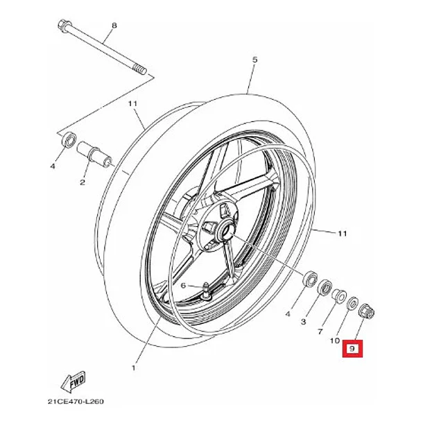 Tuerca Autocierre Eje Rueda Del. Yamaha R3/a Mt03/a Original 5