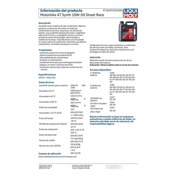 Aceite De Moto 4t Sintético Liqui Moly Street Race 10w-50 1l 3