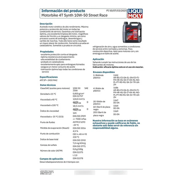 Kit R3/a Mt03/axj6 Mt07 R6 3l Liqui Moly 10w50 + Filtro 6