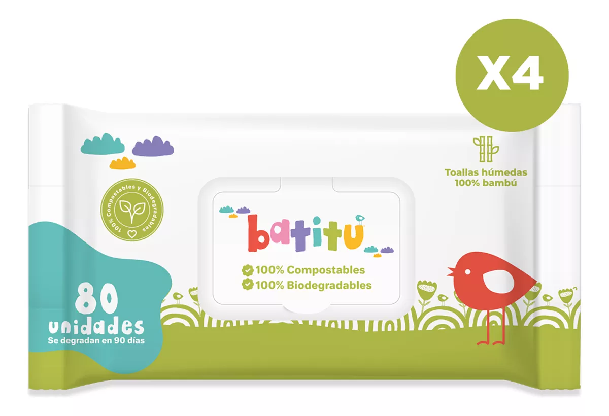 Toallitas Húmedas Bebé de Bambú- 100% Biodegradables- 4 paquete (320 Usd) - Batitú- Home Compost Certification.FDA- DIN- ISO.