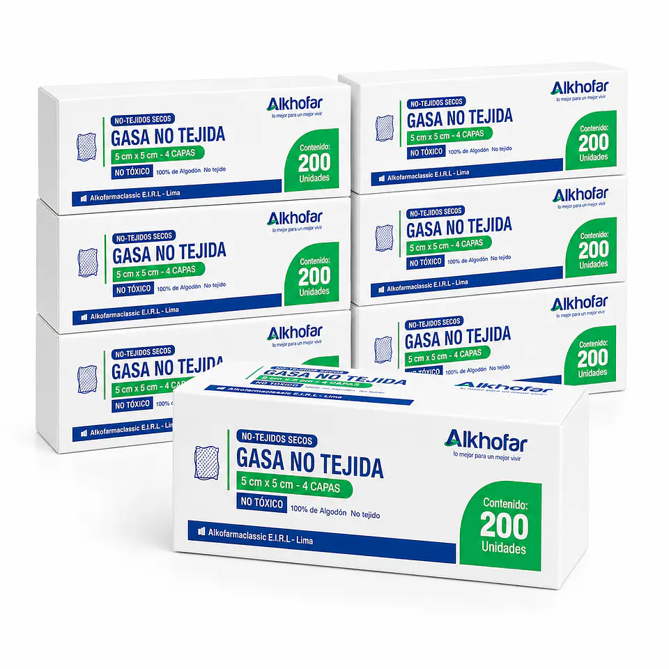 Gasa No Tejida Alkhofar 5x5 cm 4 capas x200 unidades 1