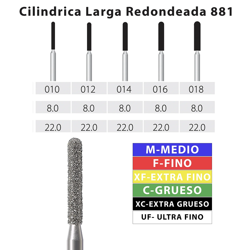 Fresa de Diamante Cilindrica Larga Redondeada 881 Grano Medio- MDT
