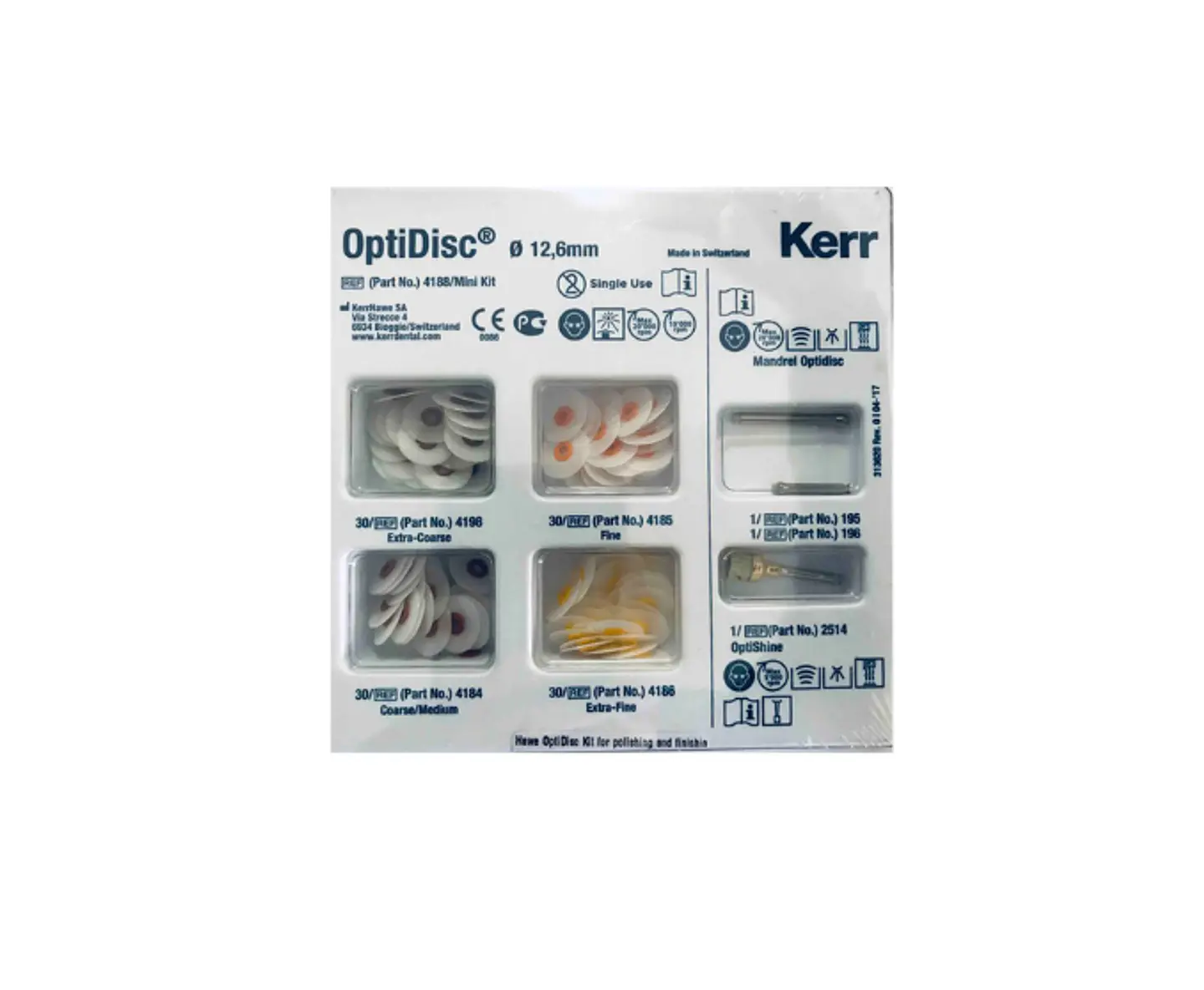 OptiDisc Kerr Kit 120 Unidades 12.6mm (30 cada tipo, 5 Mandriles, 1 Optishine) 1