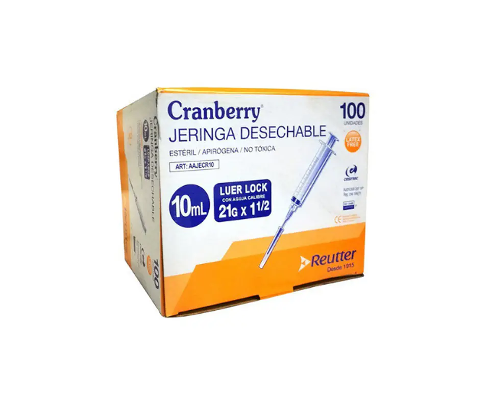 Jeringa 10cc 21g x 1 1/2 Caja 100 Unidades Luer Lock Cranberry 1