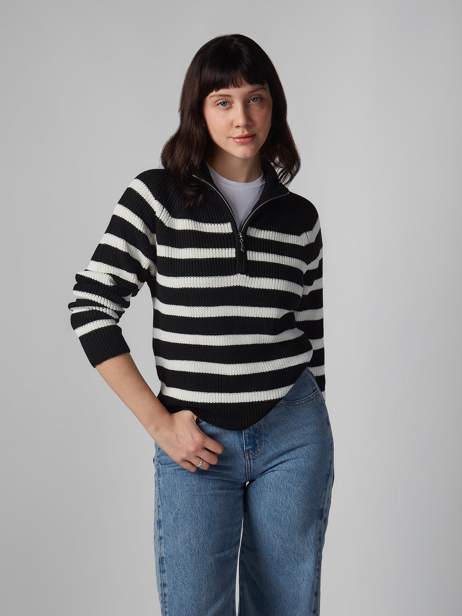 Chompa para Mujer DVK MEDIUM STRIPED QUARTER ZIP NGR 1