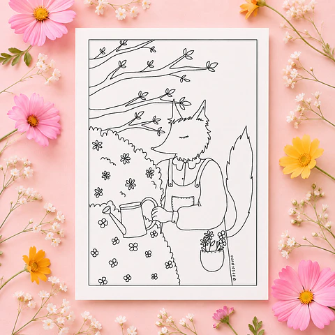 Ilustración papel 300g - Zorrita en su jardín 