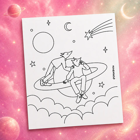 Ilustración papel 300g - Zorritos en saturno