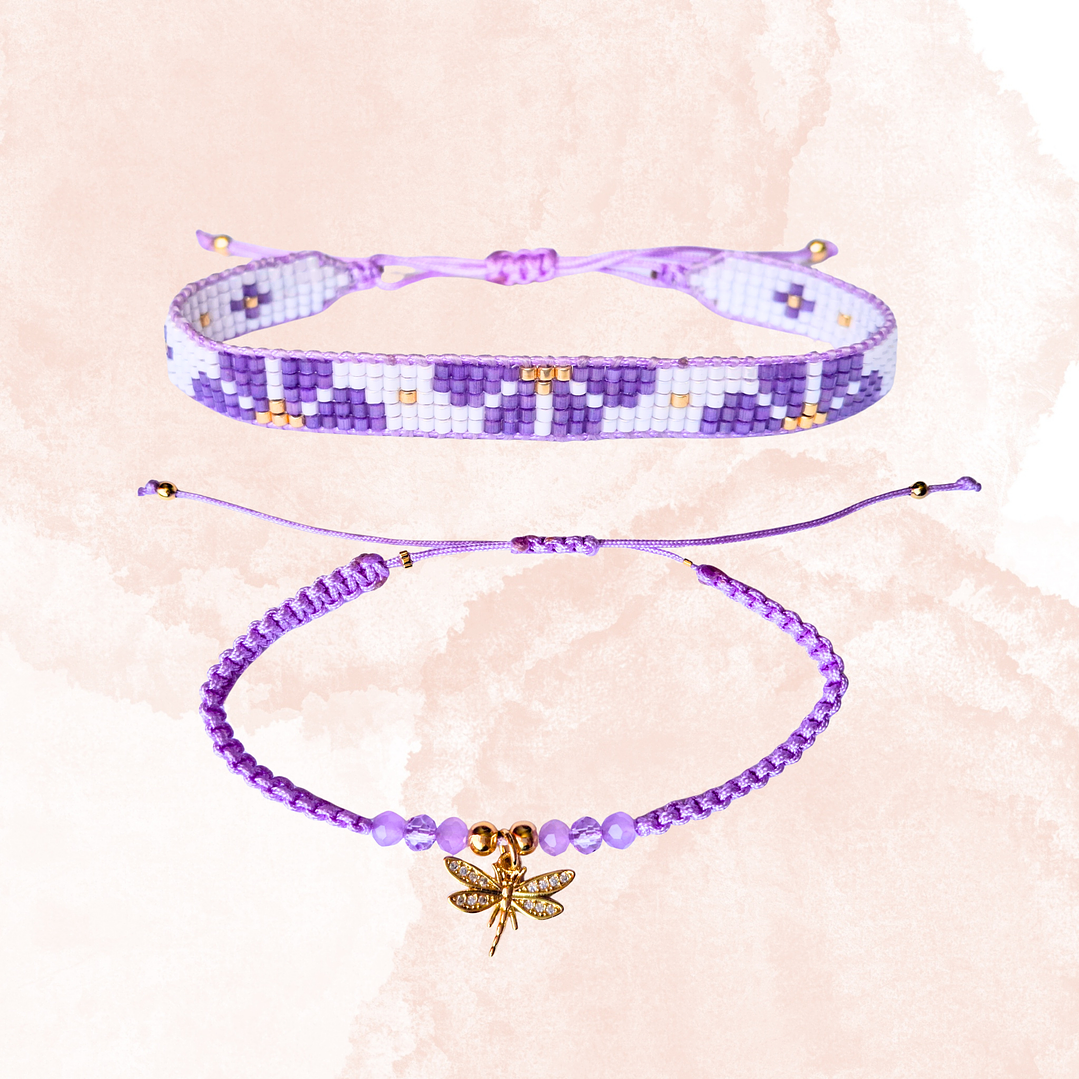 DUO PULSERAS FLORES LILA Y LIBELULA 1