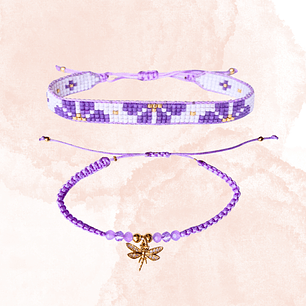 DUO PULSERAS FLORES LILA Y LIBELULA