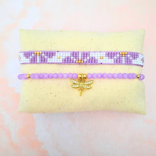 DUO PULSERAS FLORES LILA Y LIBELULA
