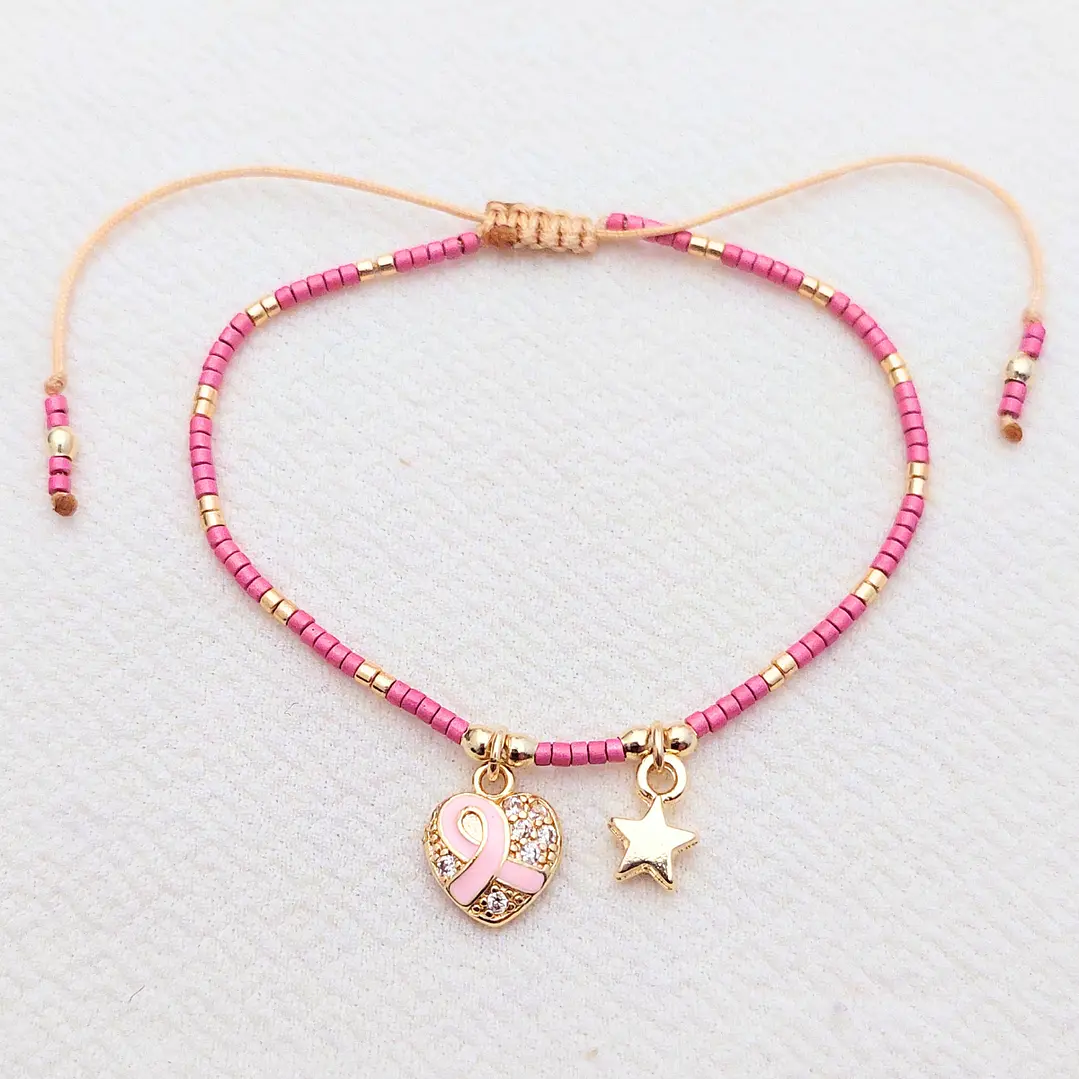 Pulsera Corazon con Listón Rosa y Estrella 2