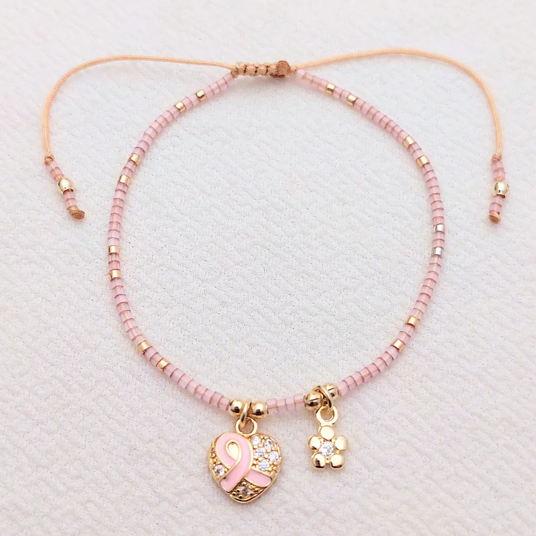 Pulsera Corazon con Listón Rosa y Flor 2
