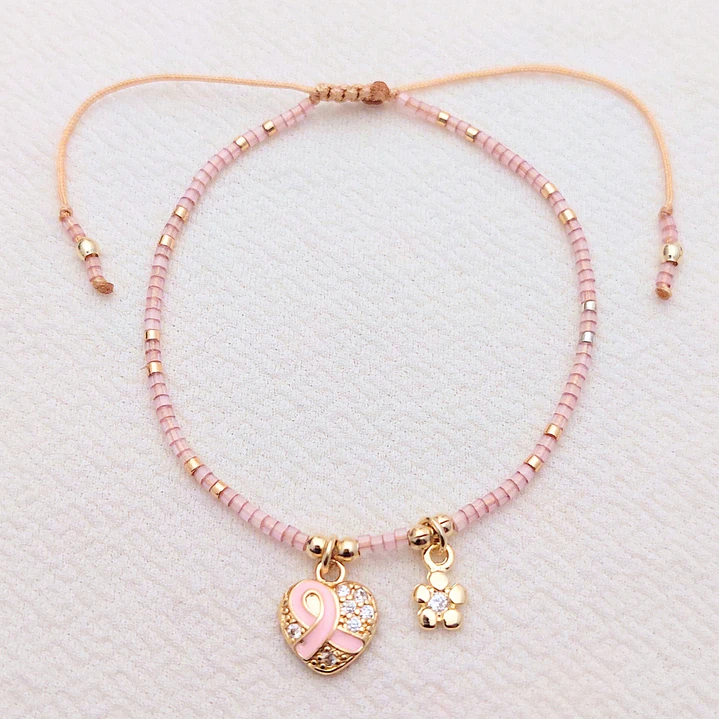 Pulsera Corazon con Listón Rosa y Flor 2