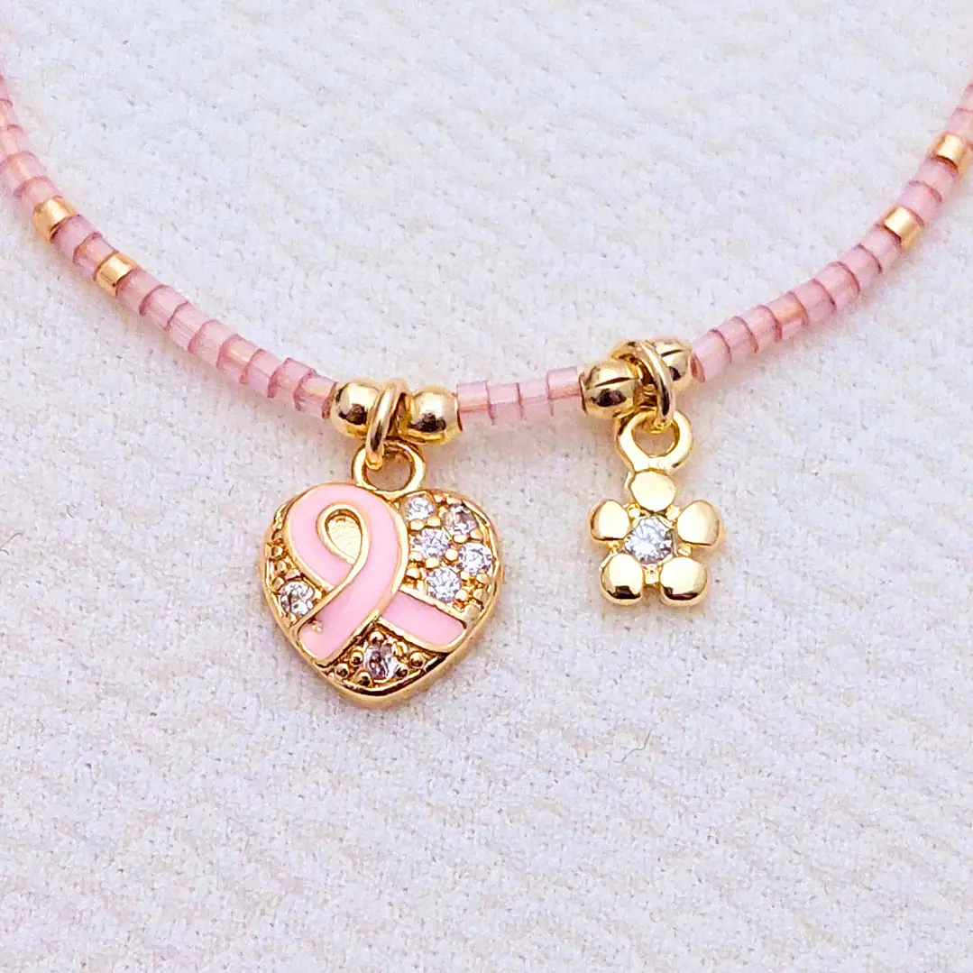 Pulsera Corazon con Listón Rosa y Flor 1